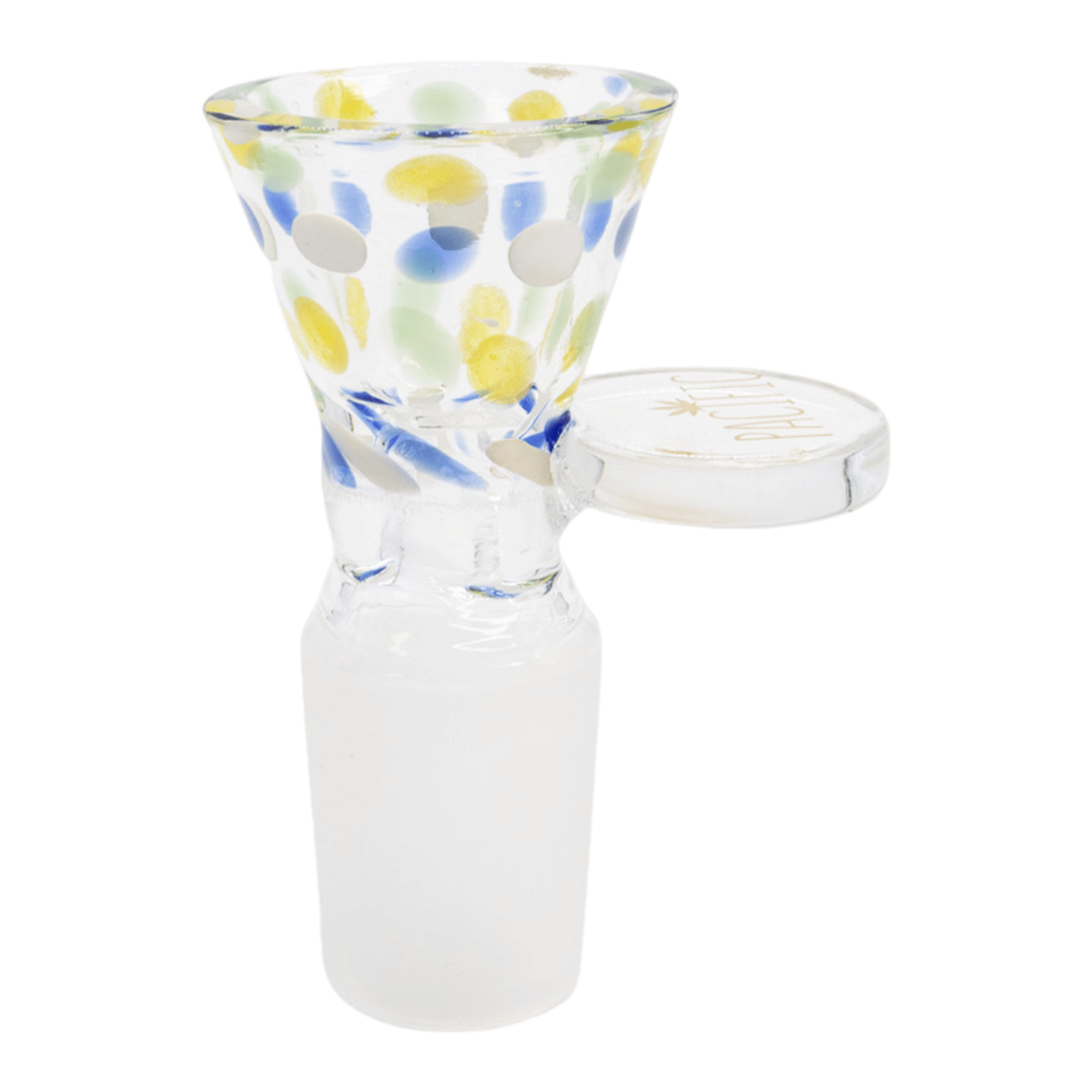 Colorful glass bowl piece for bong with multicolor dots and flat handle grip