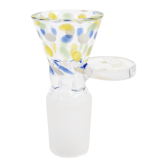 Colorful glass bowl piece for bong with multicolor dots and flat handle grip